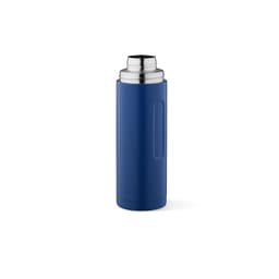 A drink bottle in navy blue with a stainless steel lid and handle, featuring a branding logo.
