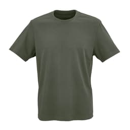 A green jersey t-shirt made from 100% organic cotton, featuring short sleeves and a simple design.