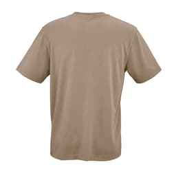 A brown Maya jersey t-shirt made from 100% organic cotton, featuring a logo on the back.