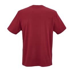 A maroon Maya jersey t-shirt made from 100% organic cotton, featuring a logo, shown from the back.