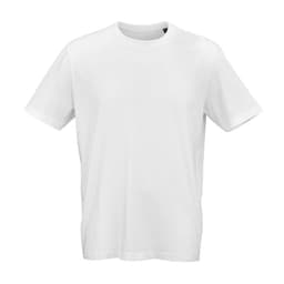 A white Maya jersey t-shirt made of 100% organic cotton, featuring a standard fit and a logo on the label.