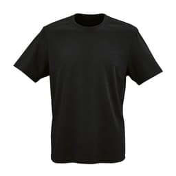 A black Maya jersey t-shirt made of 100% organic cotton, featuring a logo.