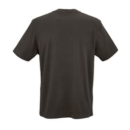 A dark grey t-shirt made of 100% organic cotton, featuring a simple design and a logo. Back view shown.