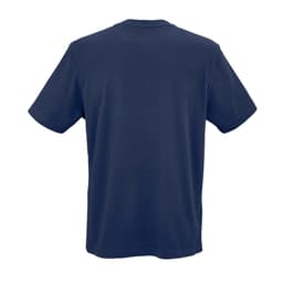 A navy blue jersey t-shirt made from 100% organic cotton, featuring a plain back and a label.