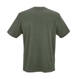 A green Maya jersey t-shirt made from 100% organic cotton, featuring a logo on the back.