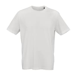 A white Maya jersey t-shirt made from 100% organic cotton, featuring a simple design and a logo.