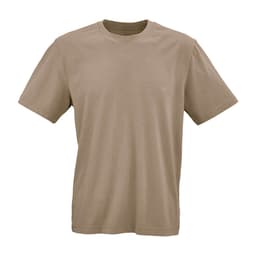 A beige t-shirt made from 100% organic cotton, featuring a crew neckline and short sleeves. It has a branding label.