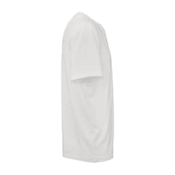 A white Maya jersey t-shirt made of 100% organic cotton, featuring a logo. Side view, casual fit.