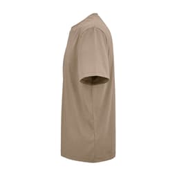 A side view of a beige Maya jersey t-shirt made of 100% organic cotton. It features short sleeves and a logo.