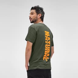 An olive green short sleeve jersey t-shirt made from 100% organic cotton, featuring a logo on the back.