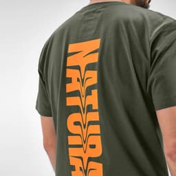 A green short sleeve jersey t-shirt made from 100% organic cotton, featuring an orange graphic on the back and a logo.