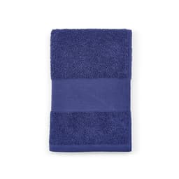 A navy blue towel made of cotton with a textured surface, featuring a smooth band. It has a branding logo.
