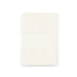 A plush, cream-coloured cotton towel with a textured band. It features a logo. Made in Portugal.