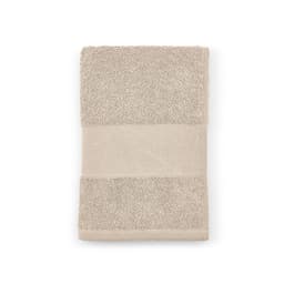 A beige towel featuring a textured surface and a smooth striped design, made from cotton and weighing 370gsm.