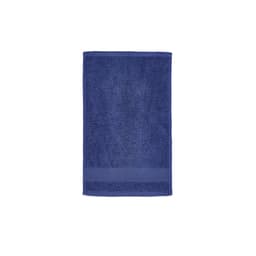 A navy blue cotton towel with a textured surface and a smooth band at one end. It features a branding logo.