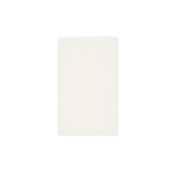A cream-coloured cotton towel with a textured pattern, featuring a branding logo. 