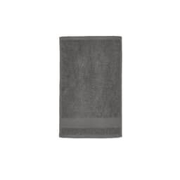 A grey cotton towel with a textured surface and a simple border design. It features a branding logo.