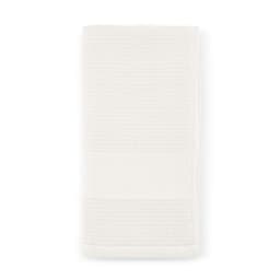 A white cotton towel with a textured design and a smooth band, featuring a logo.