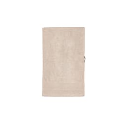 A cream-coloured cotton towel featuring a textured surface and a hanging loop. It has a logo.