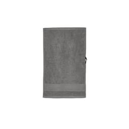 A grey bathroom towel made from cotton, featuring a textured surface and a small loop for hanging. It has a logo.