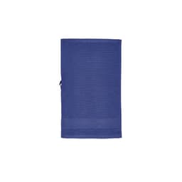 A purple towel featuring textured stripes, made of cotton with a loop for easy hanging. It has a branding logo.