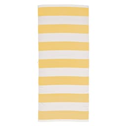 A striped towel in yellow and white, featuring a soft texture, made of 350gsm cotton and produced in Portugal.