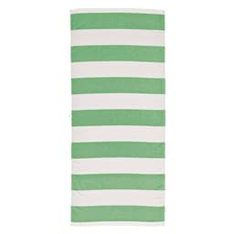 A green and white striped towel, featuring a textured fabric design, with a branding logo present. Made in Portugal.