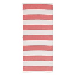 A striped towel featuring alternating red and white patterns, made from 350gsm cotton in Portugal.