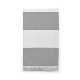 A grey and white striped towel with fringing, promoting the Rodin Towel rCotton 350gsm, made in Portugal.