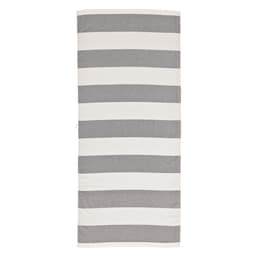 A striped towel in grey and white tones, featuring a logo, made of cotton with a 350gsm weight.