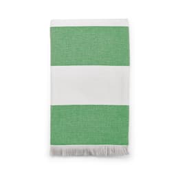 A green and white striped towel with fringed edges, made from 350gsm cotton in Portugal.