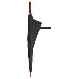A black windproof golf umbrella with a wooden handle and automatic opening feature. It includes a branding logo.