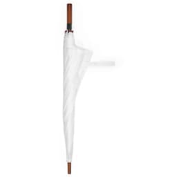 A white windproof golf umbrella with an automatic opening mechanism and a wooden handle. It features a logo.
