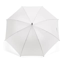 A white windproof umbrella with automatic opening mechanism and a branding logo.