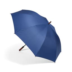 A windproof golf umbrella in navy blue with an automatic opening mechanism and a wooden handle, featuring a branding logo.