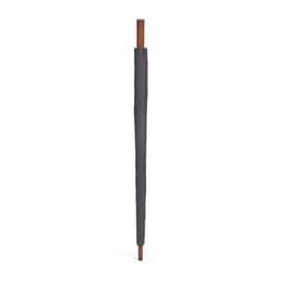 A grey windproof golf umbrella with a wooden handle, featuring an automatic opening mechanism and a branded cover.