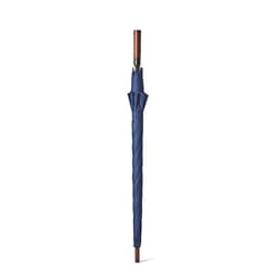 A navy blue windproof golf umbrella with an automatic opening feature and a wooden handle, featuring a logo.
