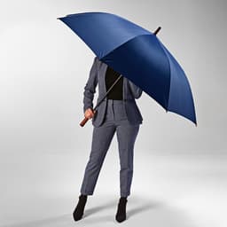 A windproof, automatic-opening umbrella in navy blue held by a person in a suit, featuring a wooden handle.