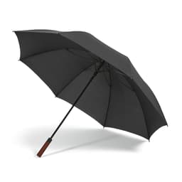 A black windproof umbrella with an automatic opening mechanism and a wooden handle. It has a sleek, modern design.