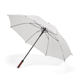 A windproof automatic opening umbrella in white with a black frame and wooden handle. Features a brand logo.