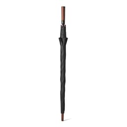 A black windproof umbrella with an automatic opening mechanism and a wooden handle. It features branding on the fabric.
