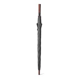 A black windproof golf umbrella with an automatic opening mechanism and a wooden handle, featuring a logo.