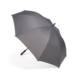 A grey windproof golf umbrella with automatic opening and a wooden handle. It features a logo on the canopy.