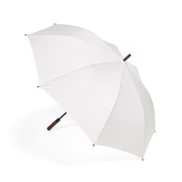 A white windproof golf umbrella with an automatic opening mechanism and a brown handle. Features a logo.