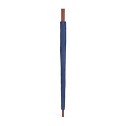 A navy blue windproof golf umbrella with an automatic opening feature and a wooden handle. It includes branding.