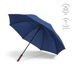 A navy blue windproof umbrella with automatic opening feature and a handle made from sustainable materials.