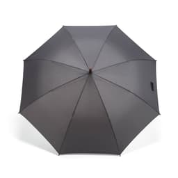 A grey windproof golf umbrella with automatic opening, featuring a handle and a logo.