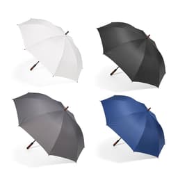 Four umbrellas in white, black, grey, and blue, featuring automatic opening and windproof design, with wooden handles.
