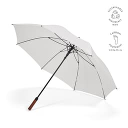 A white windproof umbrella with a brown handle and a logo, made from sustainable materials.