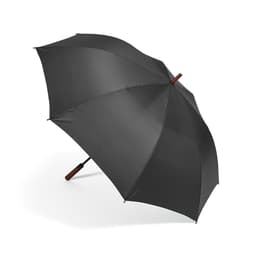 A black windproof golf umbrella with an automatic opening mechanism and a wooden handle. It features a logo.